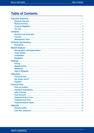 travel agent business plan sample cover page and table of contents for the travel agent business plan template by The Business Plan Shop