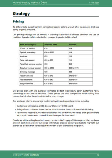 beauty salon business plan example: strategy section