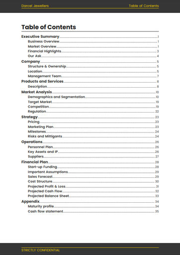 cover page and table of contents for the jewellers business plan template by The Business Plan Shop