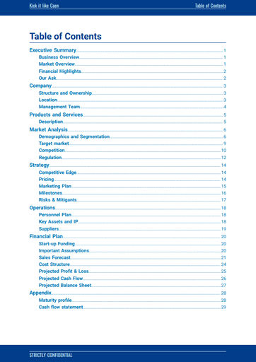 cover page and table of contents for the 5-a-side business plan template by The Business Plan Shop