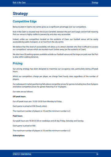 futsal business plan example: stragtegy section