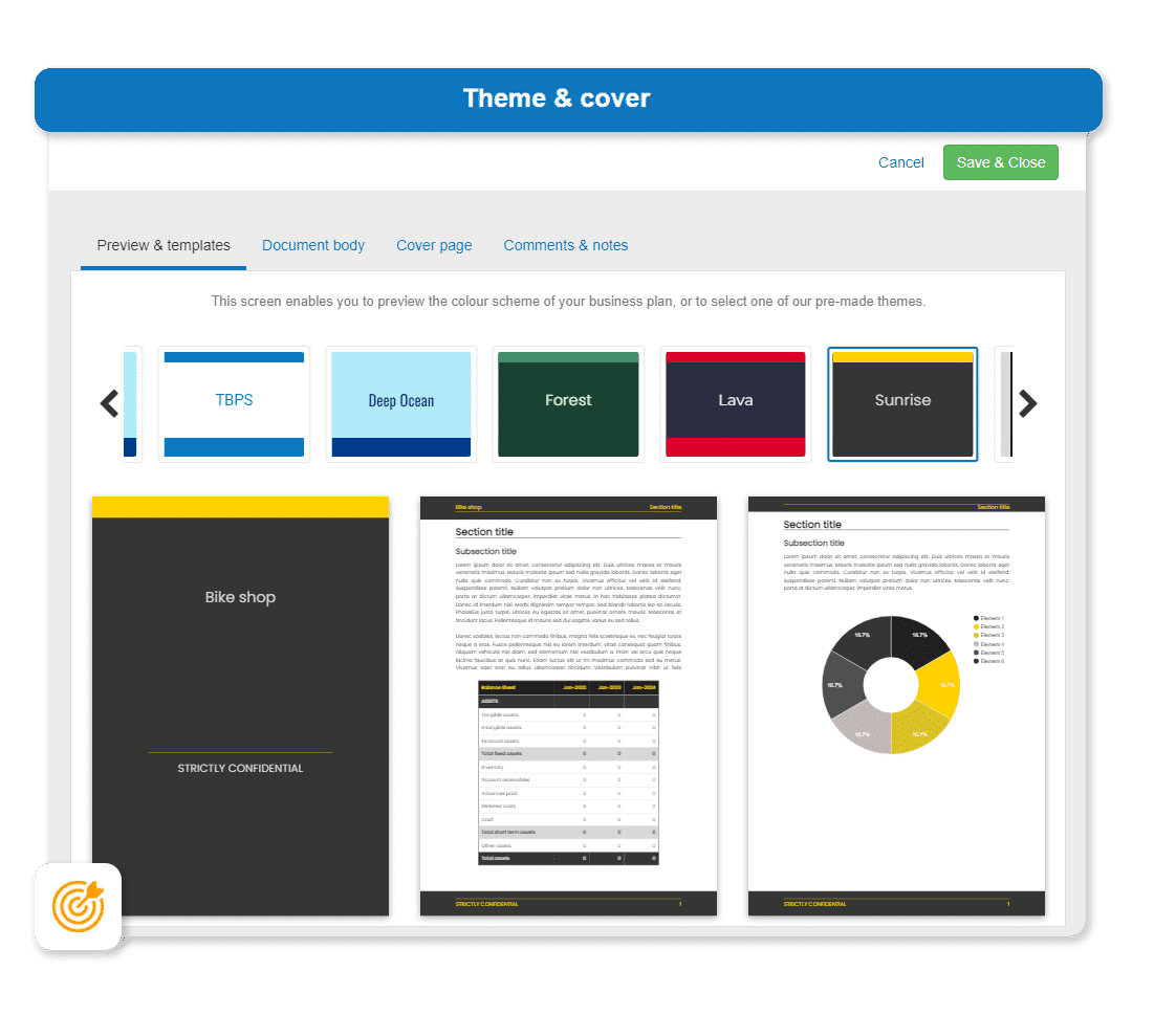Theme and cover page templates in The Business Plan Shop