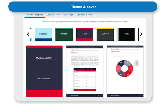 Online business plan tool for SMBs: theme and cover page templates