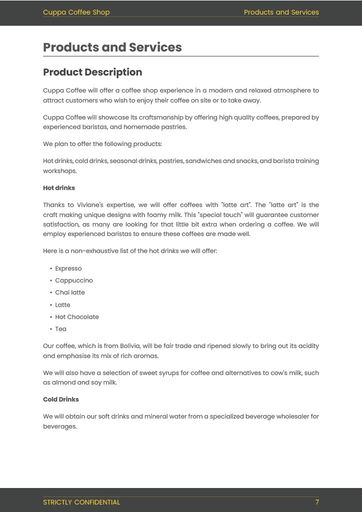 product and services description of the coffee shop business plan example