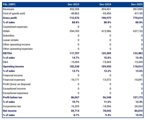 example of a projected profit and loss statement for a resort business plan