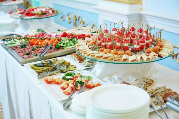 a range of food aligned in a buffet: illustration for the products and services section of the catering business plan