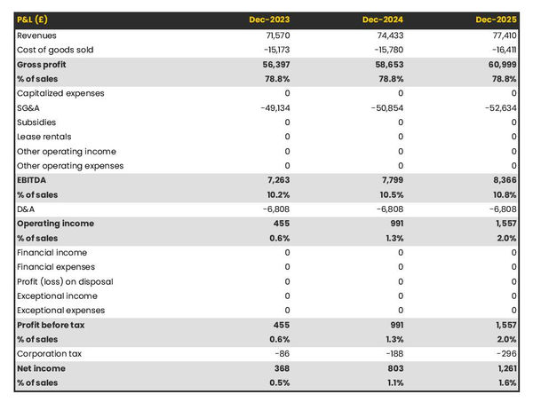 example of projected profit and loss statement in a catering company business plan