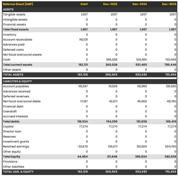 example of projected balance sheet in a business plan for a security company 