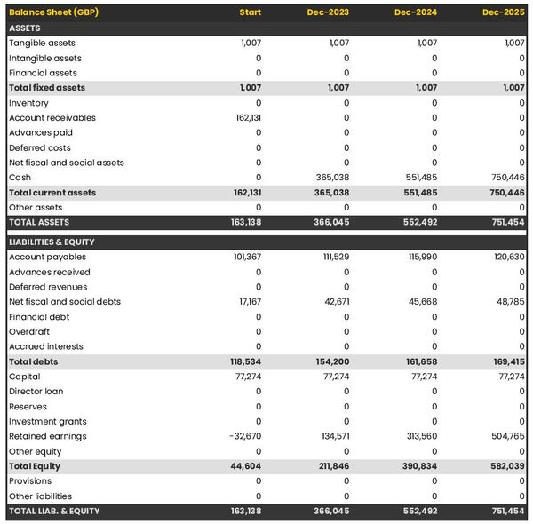 example of projected balance sheet in a business plan for a security company