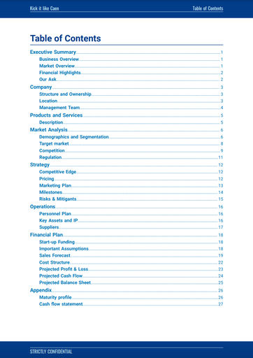 sample table of contents for a business plan