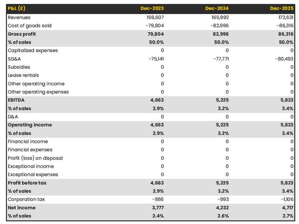 example of projected profit and loss statement in a furniture store business plan