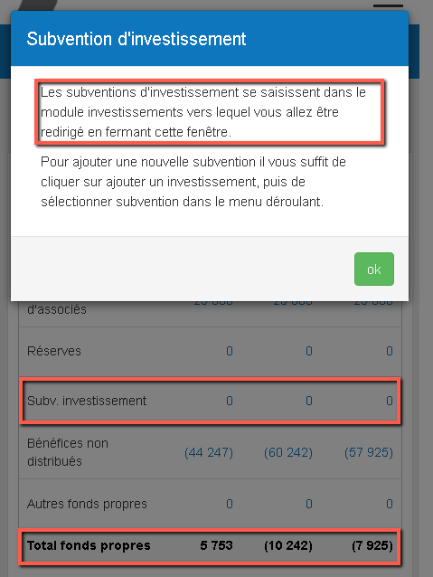 un message de notification indiquant que les subventions d'investissement ne peuvent pas être ajoutées ici et qu'elles doivent être saisies dans le module des investissements