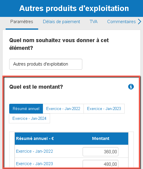 saisie des données annuelles pour le montant des autres produits d'exploitation dans The Business Plan Shop