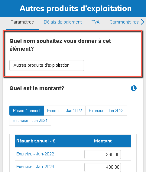 saisie du nom des autres produits d'exploitation