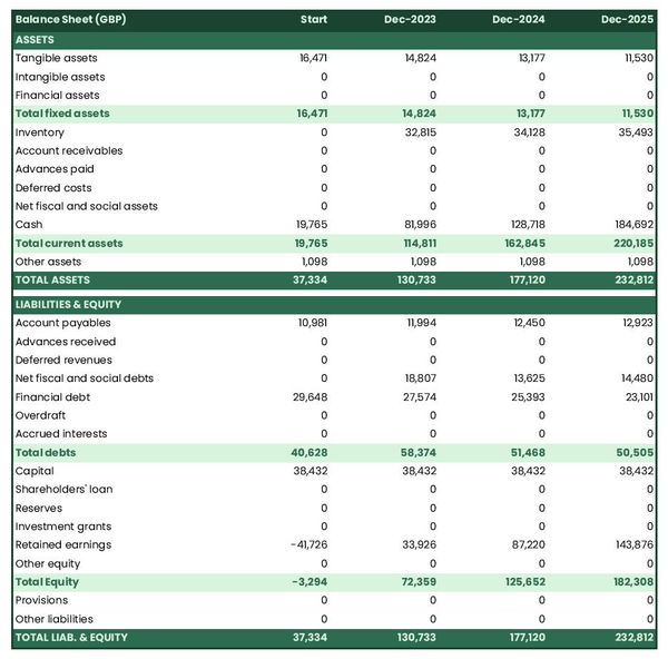 example of projected balance sheet in a auction house business plan
