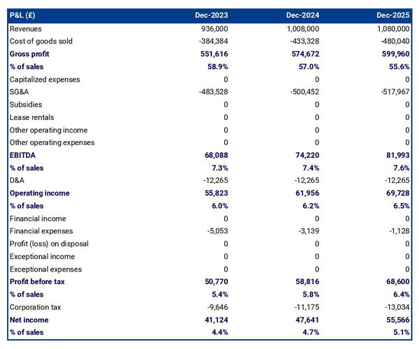 example of projected profit and loss statement in a carpet store business plan