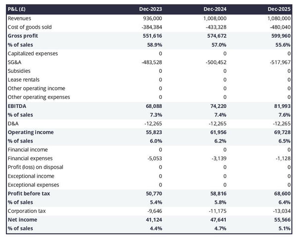 forecasted profit and loss statement in a kitchen store business plan