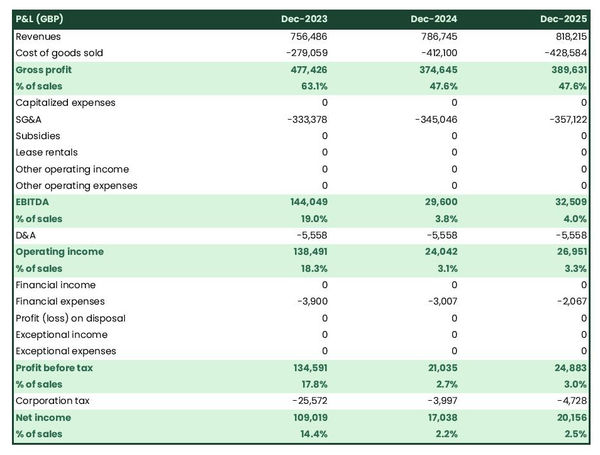 forecasted profit and loss statement in a footwear store business plan