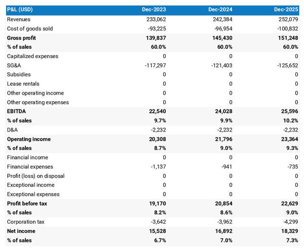 projected profit and loss statement example in a surf rental company business plan