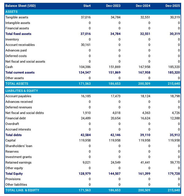 projected balance sheet in a scuba diving gear rental company business plan example