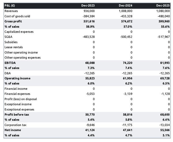 example of projected profit and loss statement in a lighting equipment store business plan
