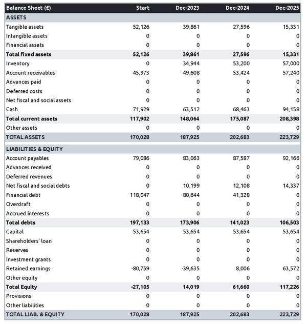 example of projected balance sheet in a lighting equipment store business plan