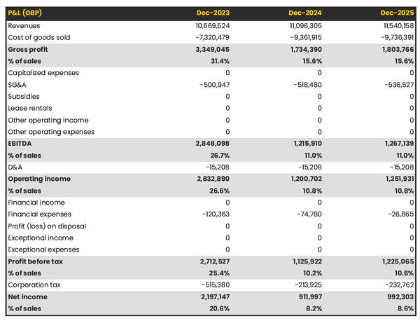 forecasted profit and loss statement in a auto equipment and parts whosaler business plan