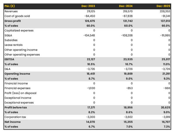 forecasted profit and loss statement in a bike rental company business plan