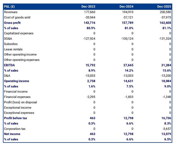 example of projected profit and loss statement in a distillery business plan