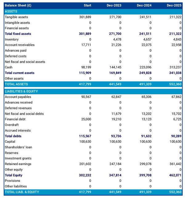example of forecasted balance sheet in a hydroelectric power plant business plan