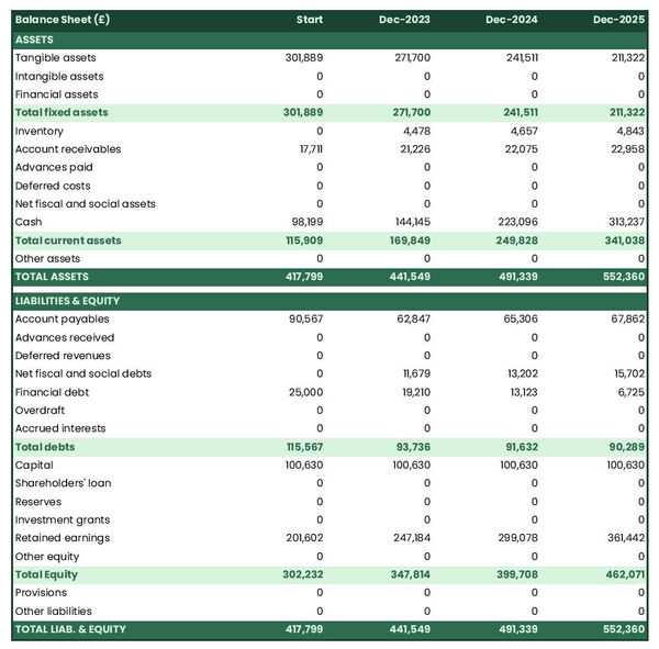 example of projected balance sheet in a coal power plant business plan