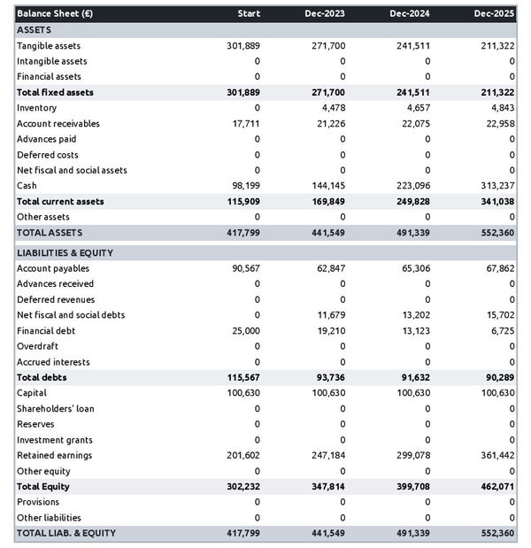 example of forecasted balance sheet in a air conditioning supplier business plan