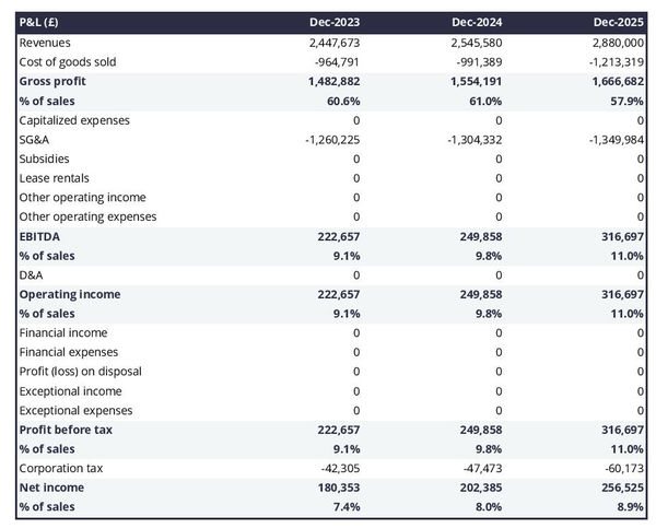 projected profit and loss statement example in a marketplace operator business plan
