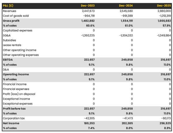 example of projected profit and loss statement in a mail order houses business plan