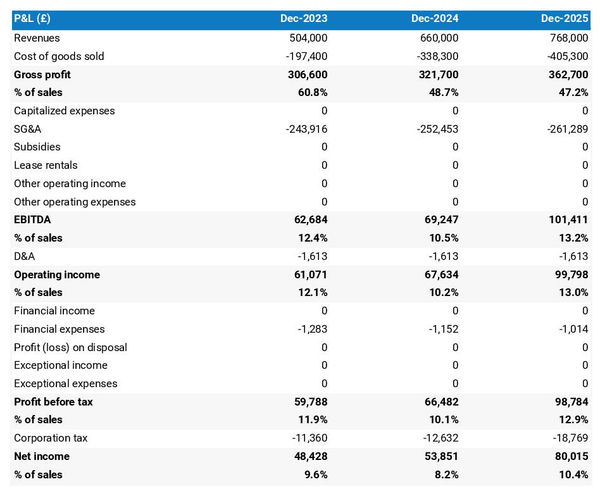 example of projected profit and loss statement in a leather goods store business plan