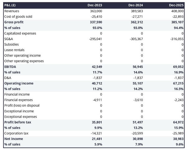 example of projected profit and loss statement in a web hosting company business plan