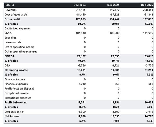 projected profit and loss statement example in a musical instrument rental company business plan