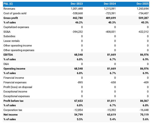 forecasted profit and loss statement in a private clinic business plan