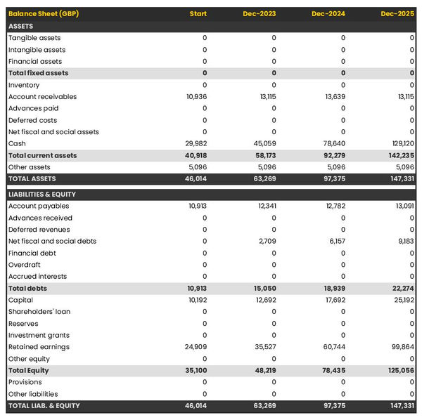example of projected balance sheet in a payroll administration company business plan