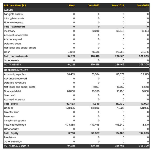 example of projected balance sheet in a sophrology practice business plan
