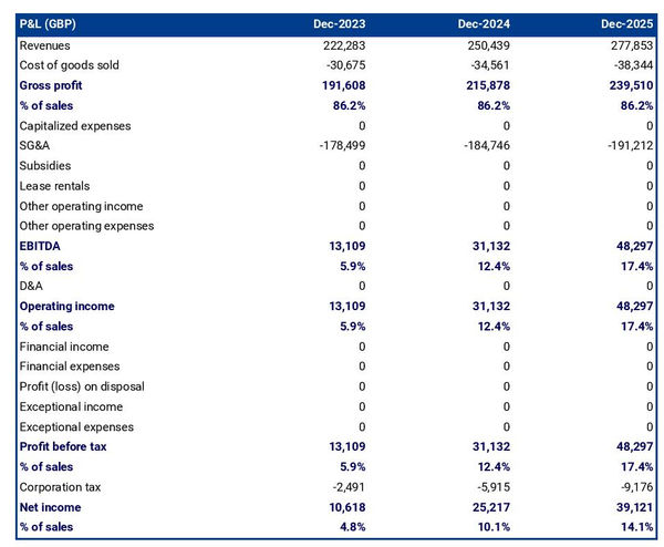 projected profit and loss statement example in a financial consulting firm business plan