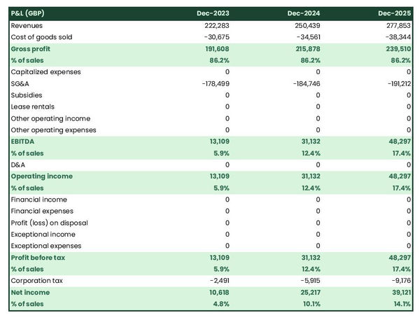 forecasted profit and loss statement in a change management firm business plan