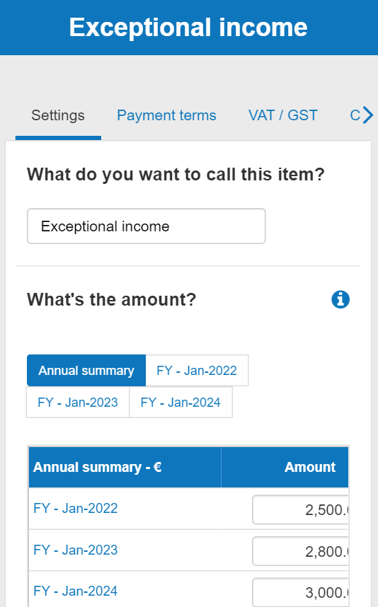 entering the income and name amount for my other exceptional income in the business plan shop's financial forecasting software