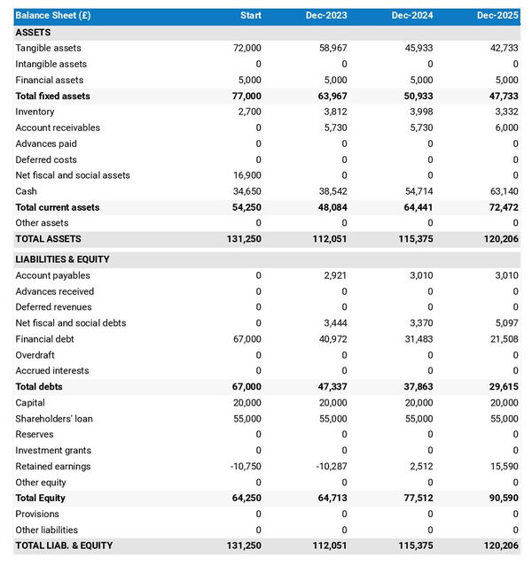 example of projected balance sheet in a food supplement manufacturer business plan