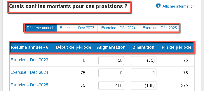 saisie des données annuelles pour le montant de la provision