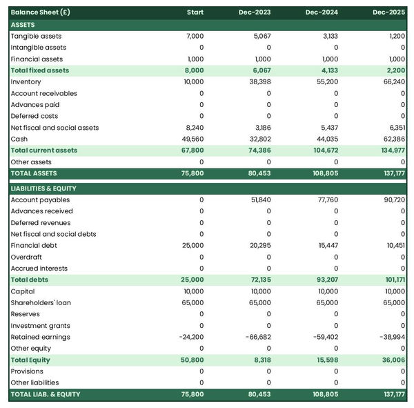 example of projected balance sheet in a underwear manufacturer business plan