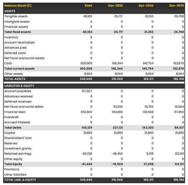 example of projected balance sheet in a healthcare furniture manufacturer business plan