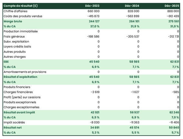 exemple de compte de résultat dans un business plan de boutique de CBD