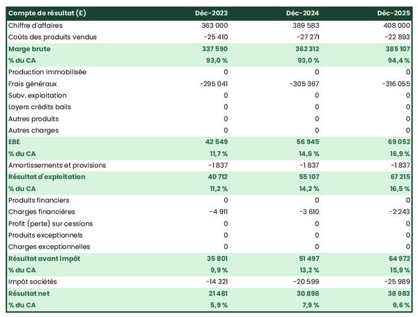 exemple de compte de résultat prévisionnel dans un business plan entreprise d'édition de jeux vidéos