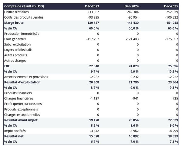 exemple de compte de résultat dans un business plan d'entreprise de location de quads